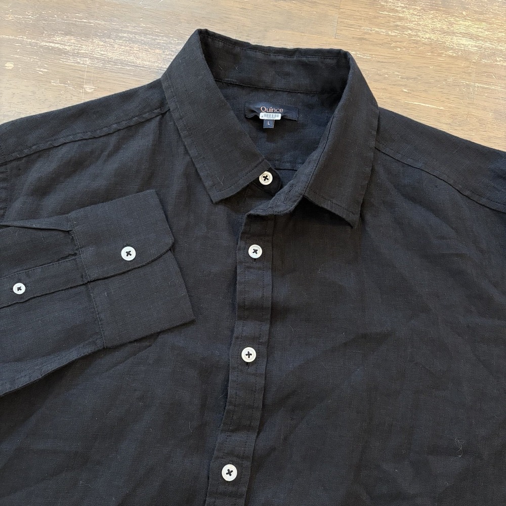 Quince Men's Large Linen Shirt Black Relaxed Button Up Long Sleeve Lightweight